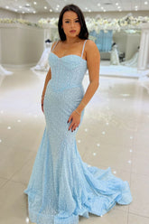 Sparkly Blue Sequins Long Evening Dresses UK Mermaid